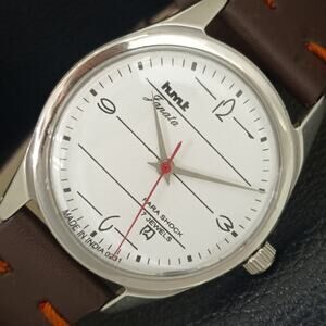 Vintage 1971 HMT Manual Wound Mens Silver Watch W/daydate & Black accents